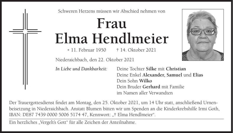 Traueranzeige Elma Hendlmeier