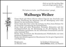 Traueranzeige Walburga Weiher