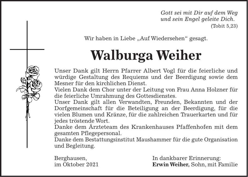 Traueranzeige Walburga Weiher