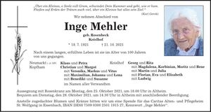 Traueranzeige Inge Mehler