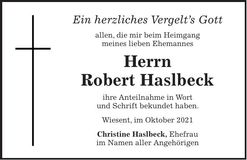 Traueranzeige Robert Haslbeck