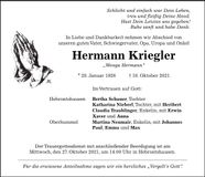 Traueranzeige Hermann Kriegler