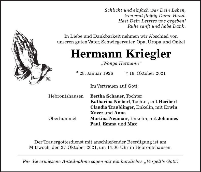 Traueranzeige Hermann Kriegler
