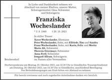 Traueranzeige Franziska Wocheslander