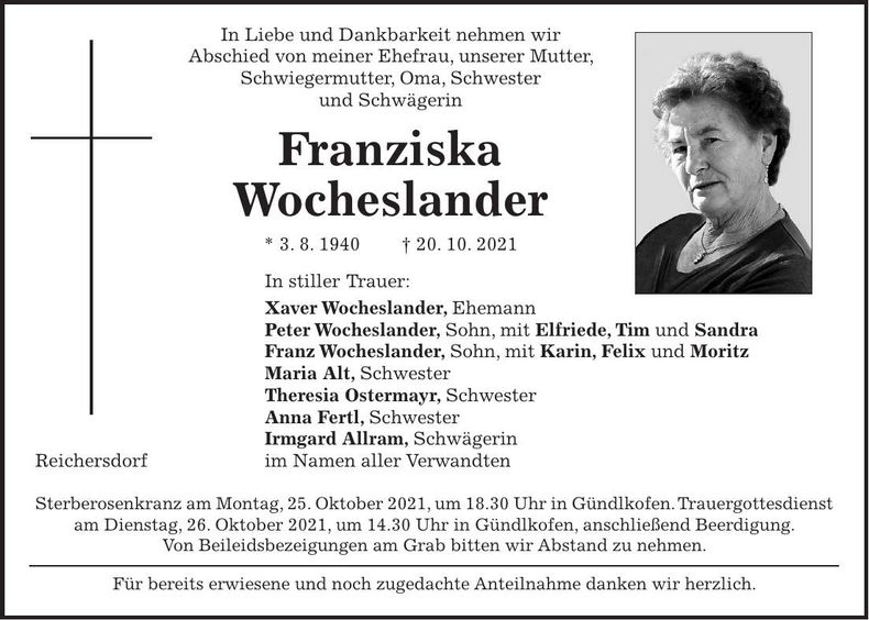 Traueranzeige Franziska Wocheslander