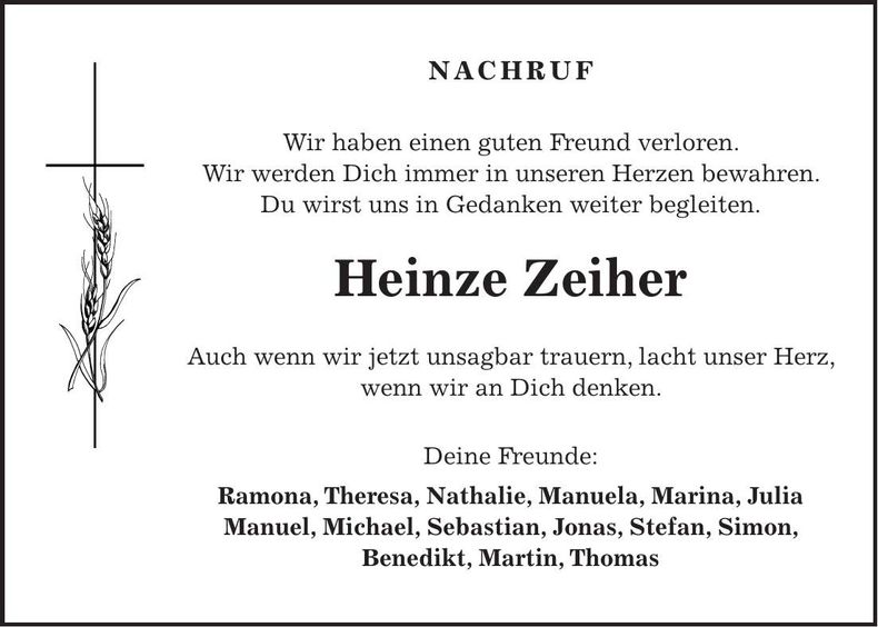 Traueranzeige Heinze Zeiher
