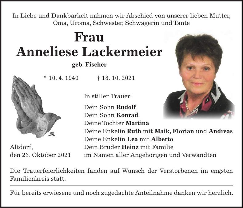 Traueranzeige Anneliese Lackermeier