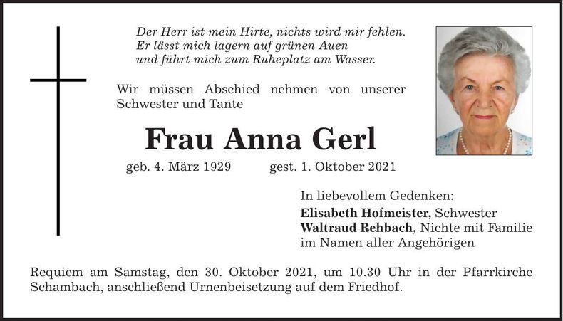 Traueranzeige Anna Gerl