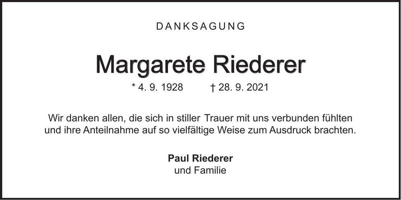 Traueranzeige Margarete Riederer