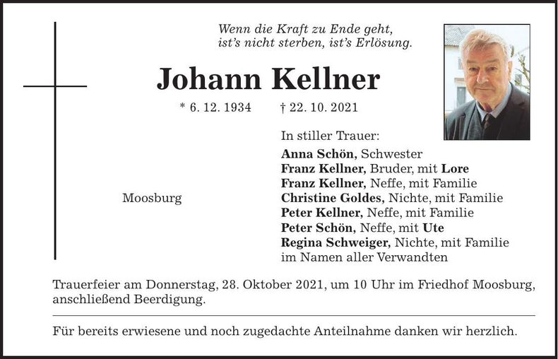 Traueranzeige Johann Kellner