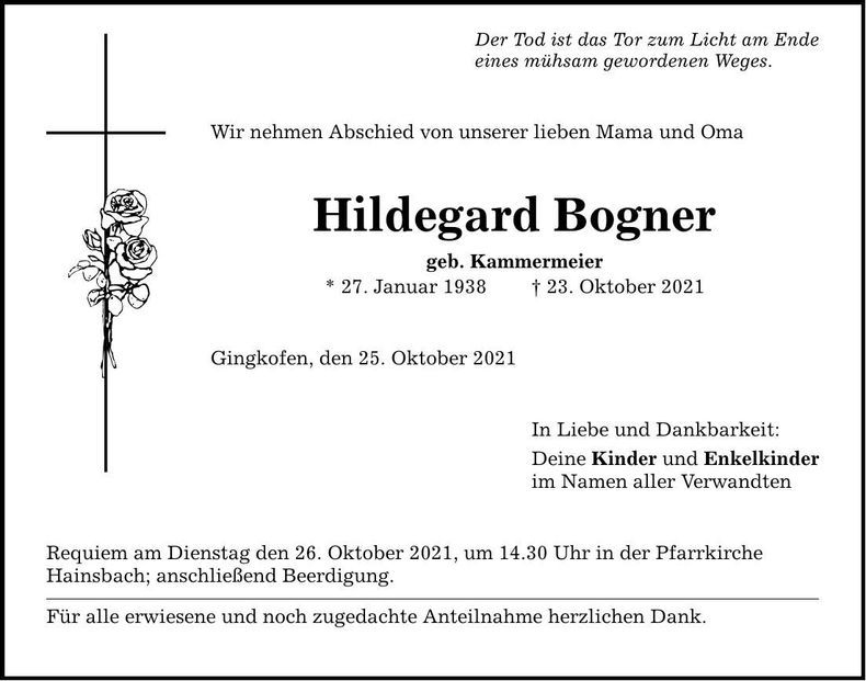 Traueranzeige Hildegard Bogner