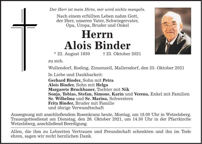 Traueranzeige Alois Binder