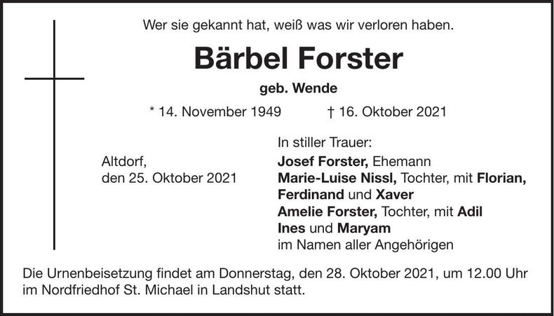 Traueranzeige Bärbel Forster