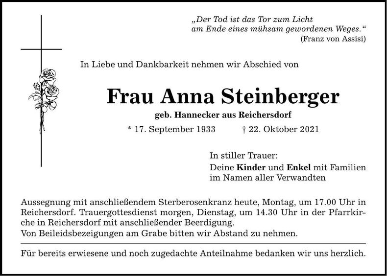 Traueranzeige Anna Steinberger