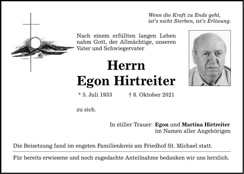 Traueranzeige Egon Hirtreiter