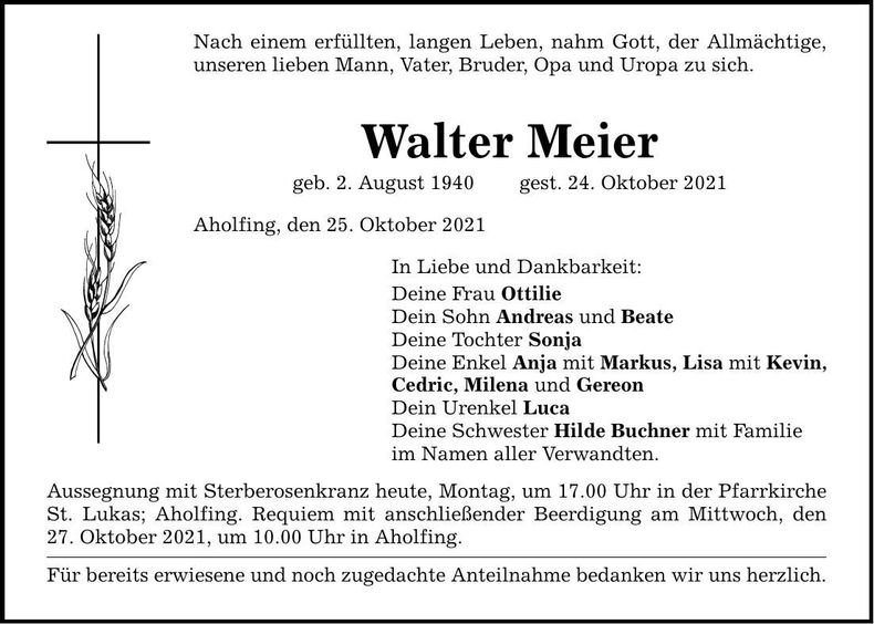 Traueranzeige Walter Meier