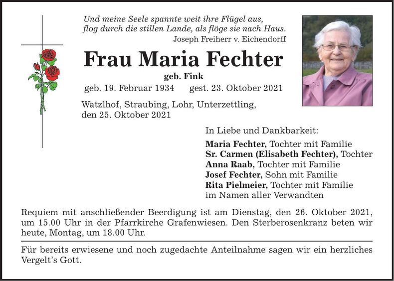 Traueranzeige Maria Fechter