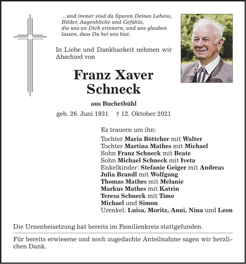 Traueranzeige Franz Xaver Schneck
