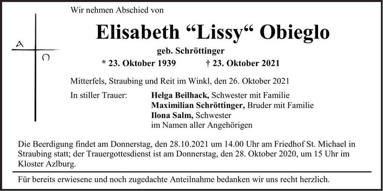 Traueranzeige Elisabeth "Lissy" Obieglo