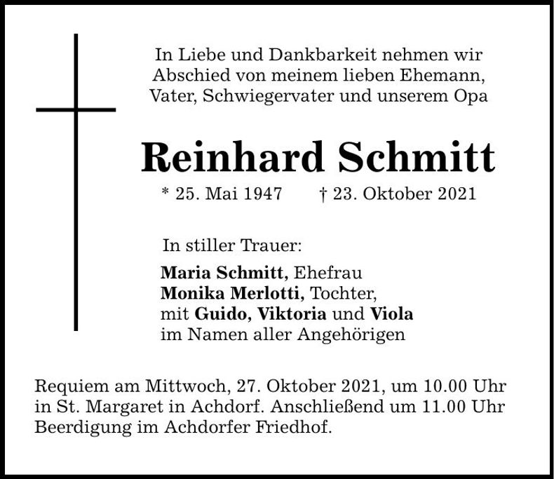 Traueranzeige Reinhard Schmitt