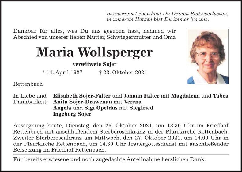 Traueranzeige Maria Wollsperger