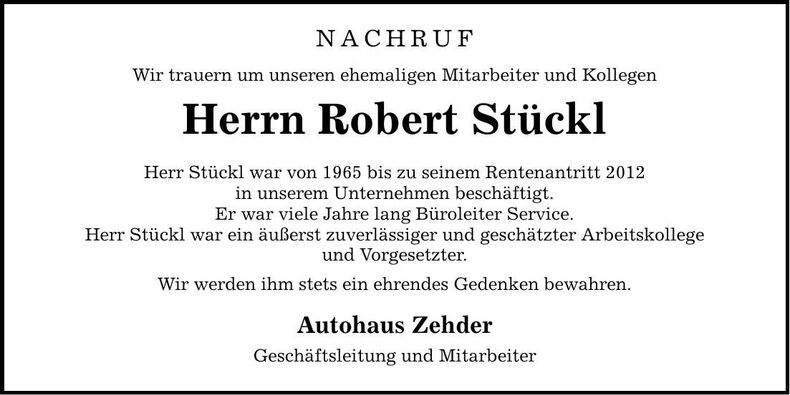 Traueranzeige Robert Stückl