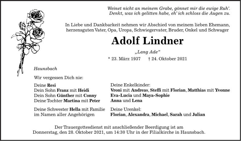 Traueranzeige Adolf Lindner