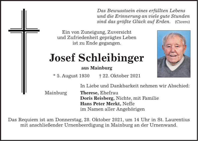 Traueranzeige Josef Schlebinger
