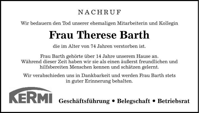 Traueranzeige Therese Barth
