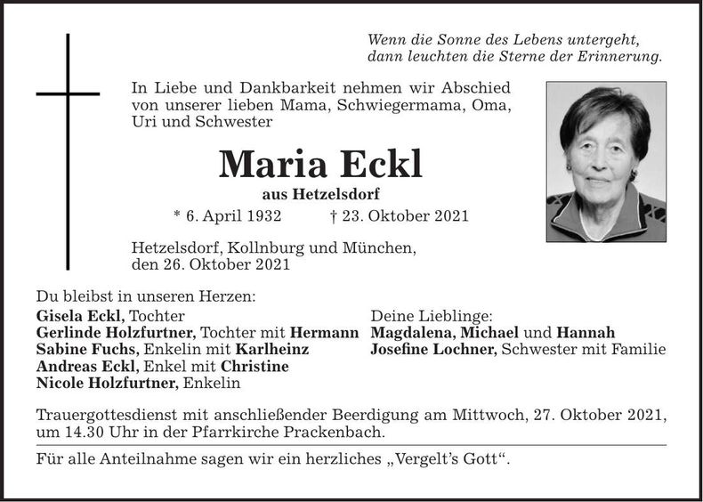 Traueranzeige Eckl Maria