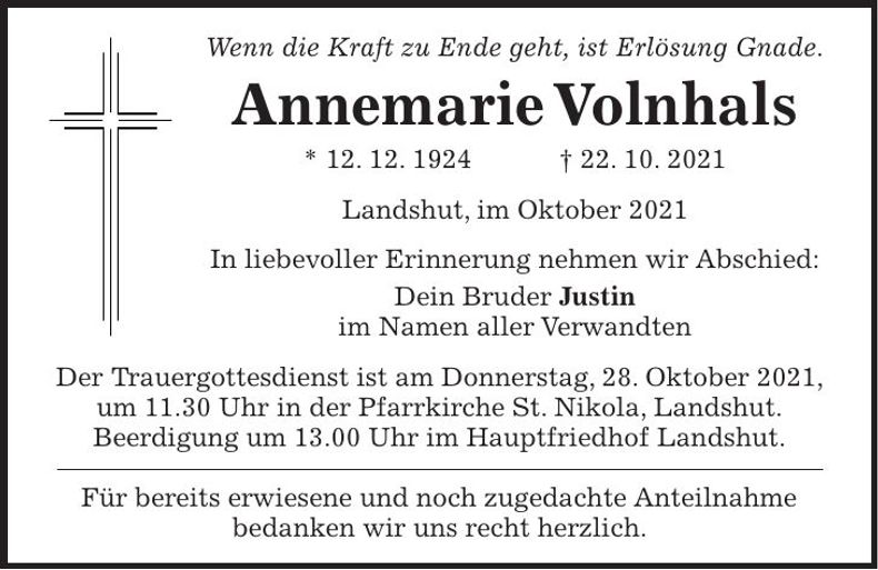 Traueranzeige Annemarie Volnhals