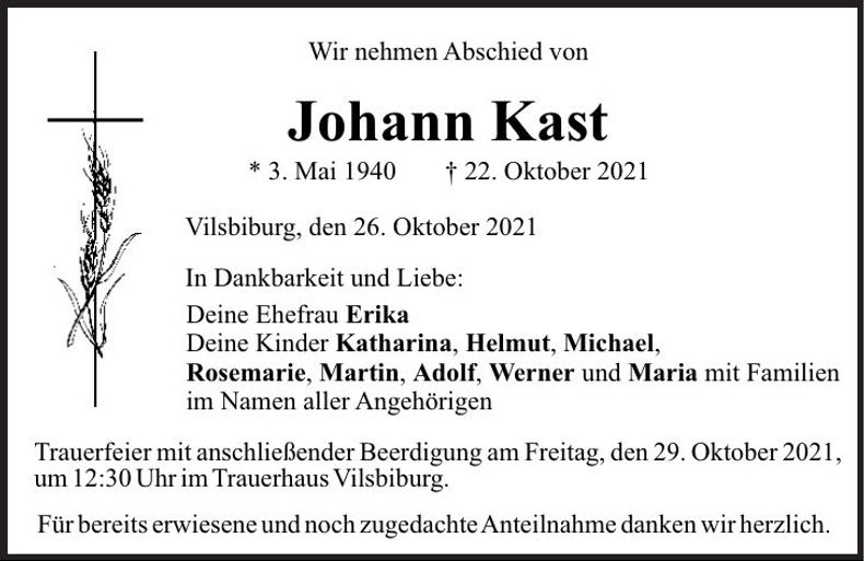 Traueranzeige Johann Kast