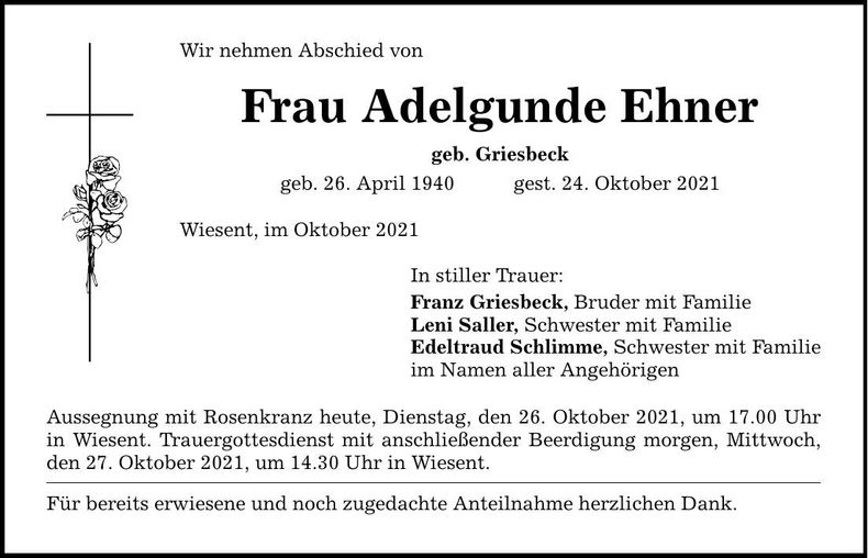 Traueranzeige Adelgunde Ehner