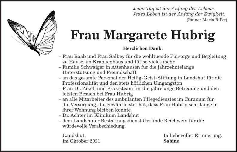 Traueranzeige Margarete Hubrig
