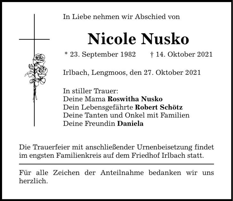 Traueranzeige Nicole Nusko