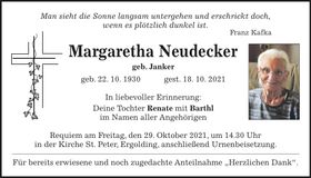 Traueranzeige Margaretha Neudecker