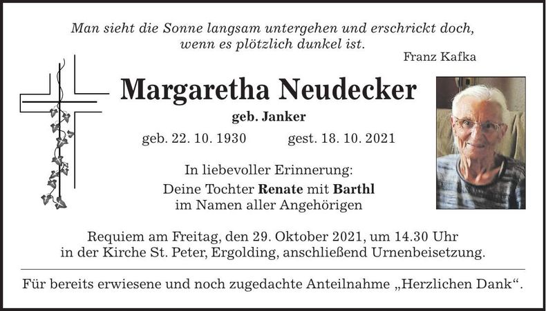 Traueranzeige Margaretha Neudecker