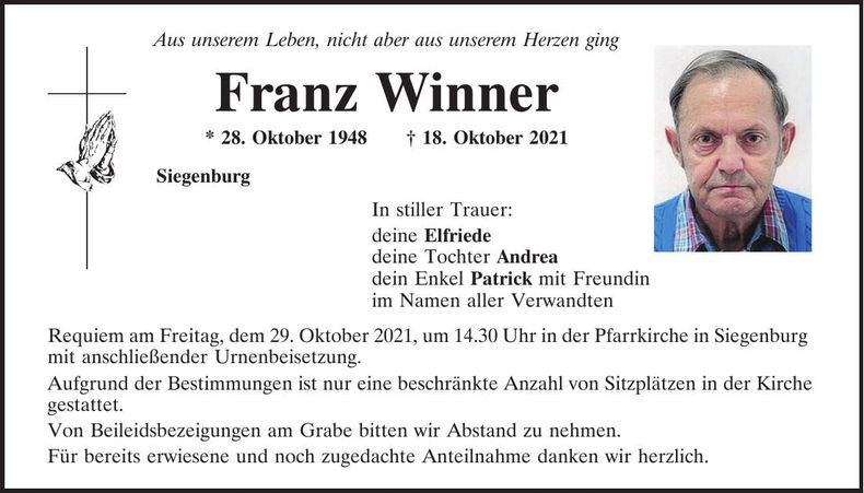 Traueranzeige Franz Winner