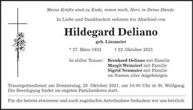 Traueranzeige Hildegard Deliano