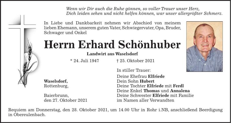 Traueranzeige Erhard Schönhuber