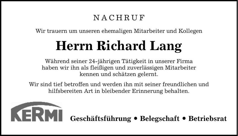 Traueranzeige Richard Lang