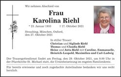 Traueranzeige Karolina Riehl