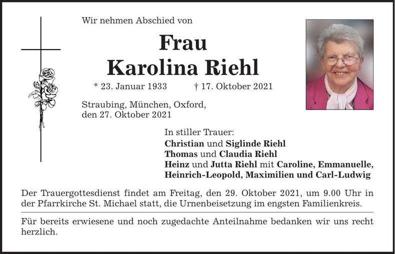 Traueranzeige Karolina Riehl