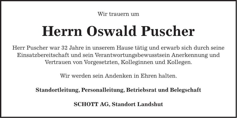 Traueranzeige Oswald Puscher