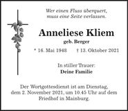 Traueranzeige Anneliese Kliem