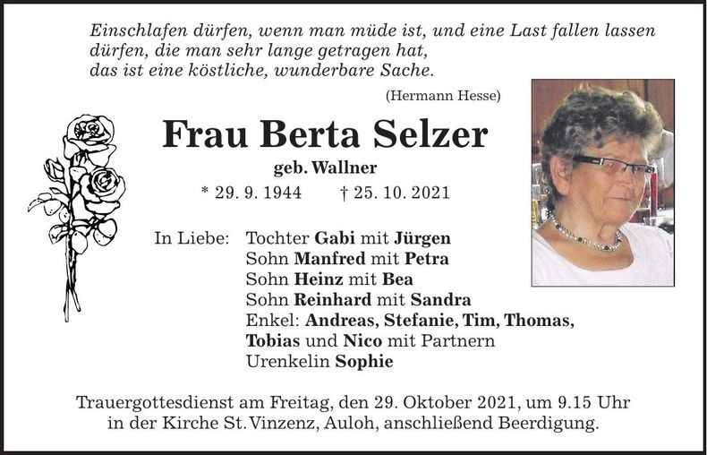 Traueranzeige Berta Selzer