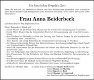 Traueranzeige Anna Beiderbeck
