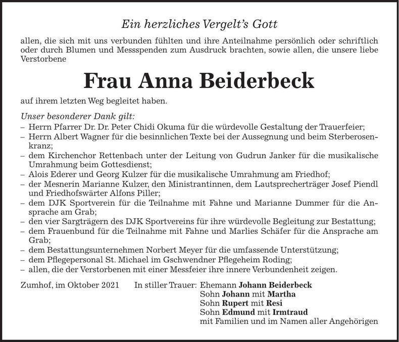 Traueranzeige Anna Beiderbeck