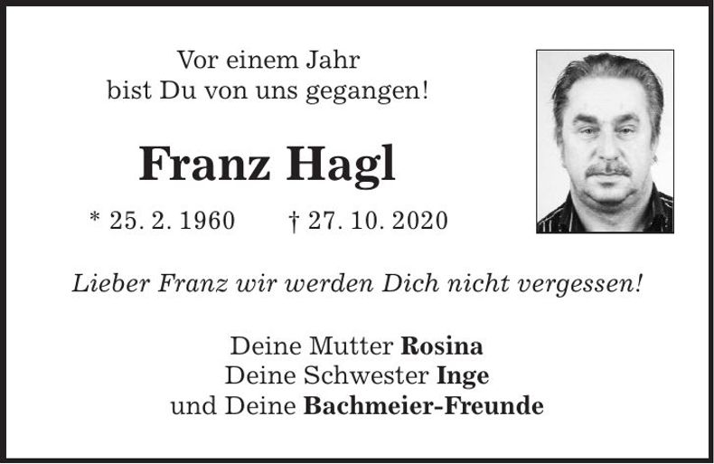 Traueranzeige Franz Hagl