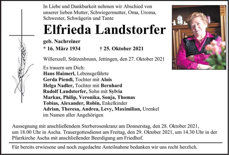 Traueranzeige Elfrieda Landstorfer